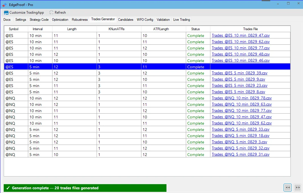 Trades Generator — batch runs across @ES and @NQ on multiple intervals and parameter sets.